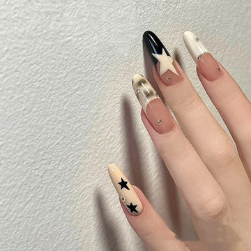 Qfdian 10pcs Handmade Star Long French False Nails Press on Nails Fake Nials Reusable Wearable Nail Tips Artificial False Nails